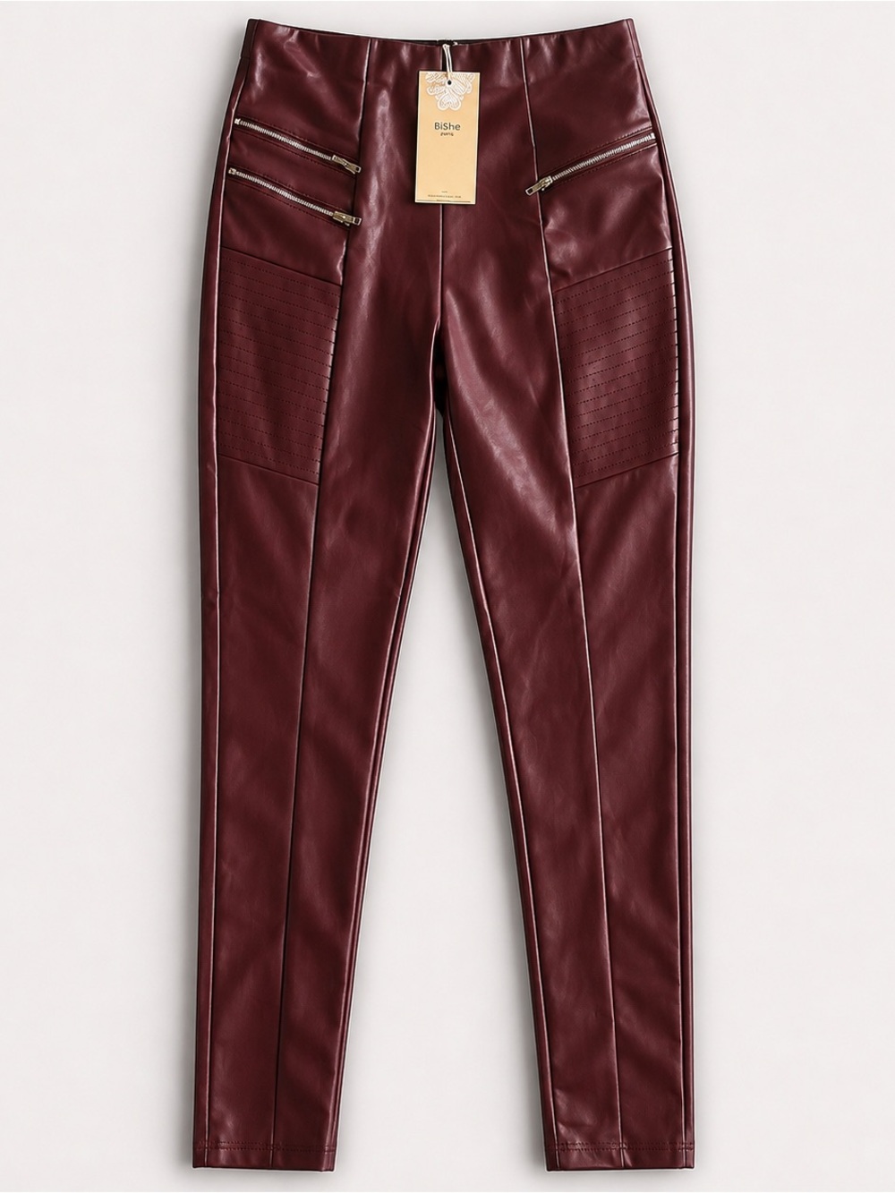 Burgundy Faux Leather Moto Leggings